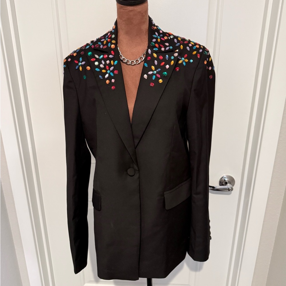 Black Blazer with Multicolor Jewel Embellished Collar Statement Jacket | size 12